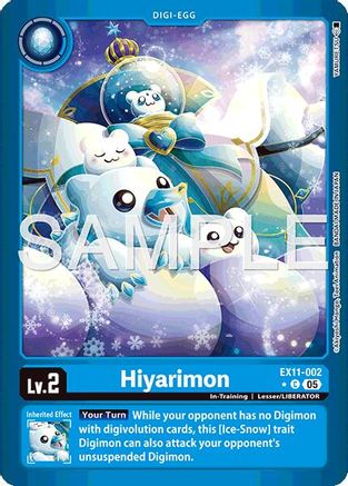 Hiyarimon Digimon card featuring a cute, icy creature in a snowy, magical setting.