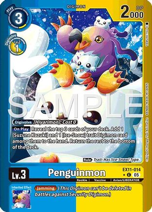 Digimon Penguinmon trading card featuring a cartoon penguin on an icy background