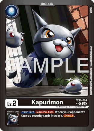 Digimon card featuring Kapurimon, a cute digital creature with gray fur and yellow eyes, set outdoors.