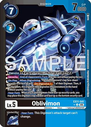 Oblivimon Digimon trading card featuring a blue cybernetic creature, card stats, and game text.