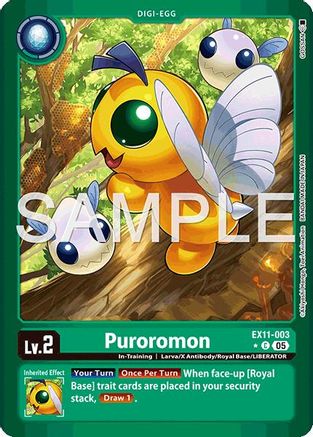 Digimon card featuring Puroromon, a yellow larva with wings, in a forest setting.
