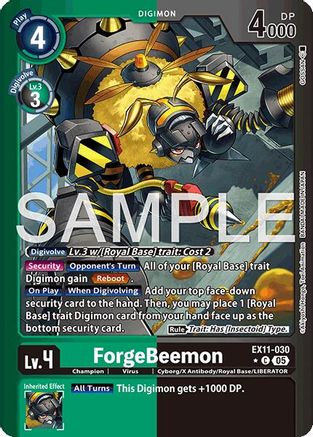 ForgeBeemon Digimon card featuring mechanical insect robot with yellow armor and digital background.