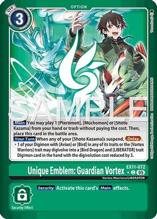 Digimon card Unique Emblem: Guardian Vortex featuring anime character and green energy design