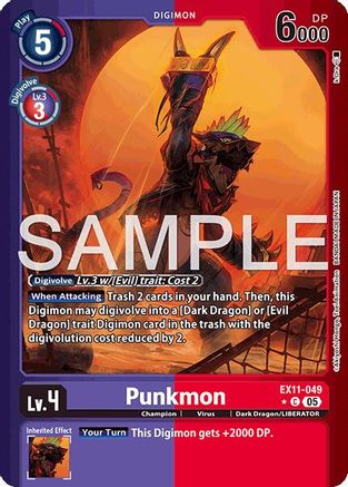Digimon trading card featuring Punkmon, a dark dragon-themed creature with fiery background.