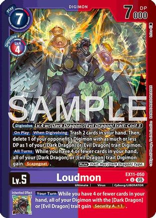 Loudmon Digimon card featuring a robotic creature with vibrant colors and game stats, ideal for trading card game collectors.