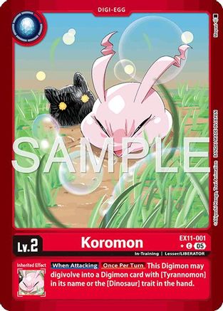 Koromon Digimon card featuring a pink creature with bubbles in a grassy outdoor background