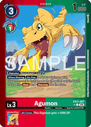 Digimon trading card featuring Agumon, a yellow dinosaur character, with card stats and effects.