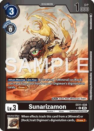 Digimon trading card featuring Sunarizamon, a reptile with rocky armor and game stats visible.