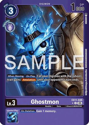 Digimon card featuring Ghostmon with blue ghostly design, level 3 stats and game abilities.