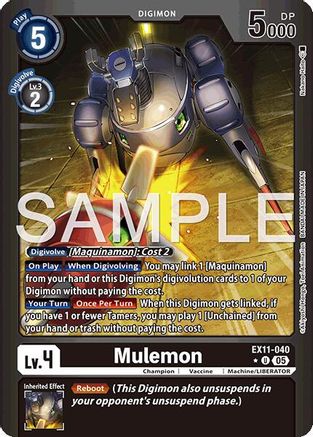 Digimon card features Mulemon, a robotic Digimon, with attack stats and special abilities.