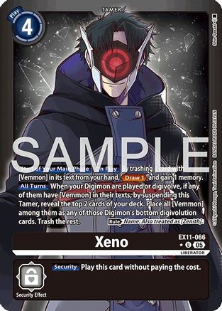 Digimon card featuring Xeno tamer with dark coat and red glowing eye, EX11-066 sample