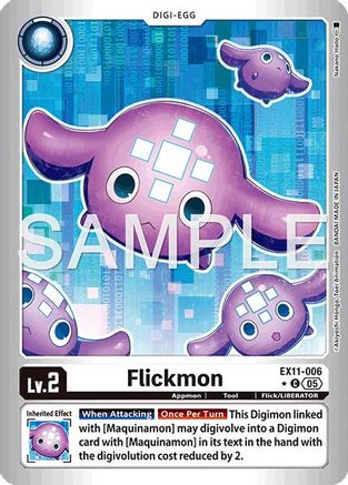 Digimon card Flickmon Digi-Egg with pink creature and digital background for trading card games