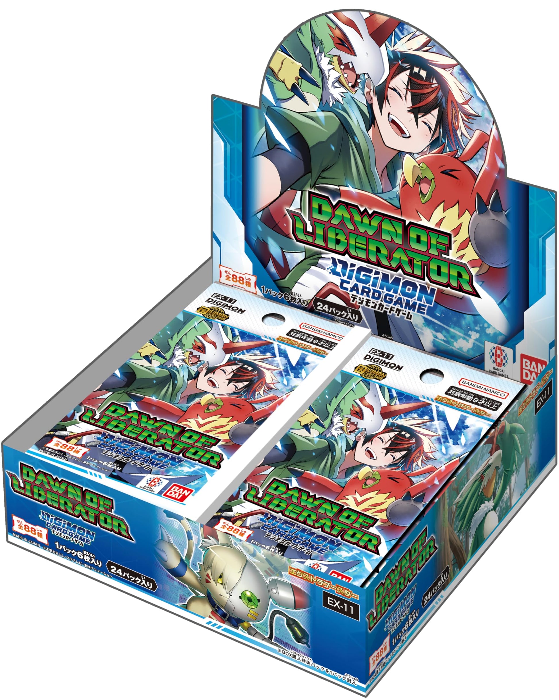 Digimon Card Game Dawn of the Liberator booster box with colorful anime artwork and cards display