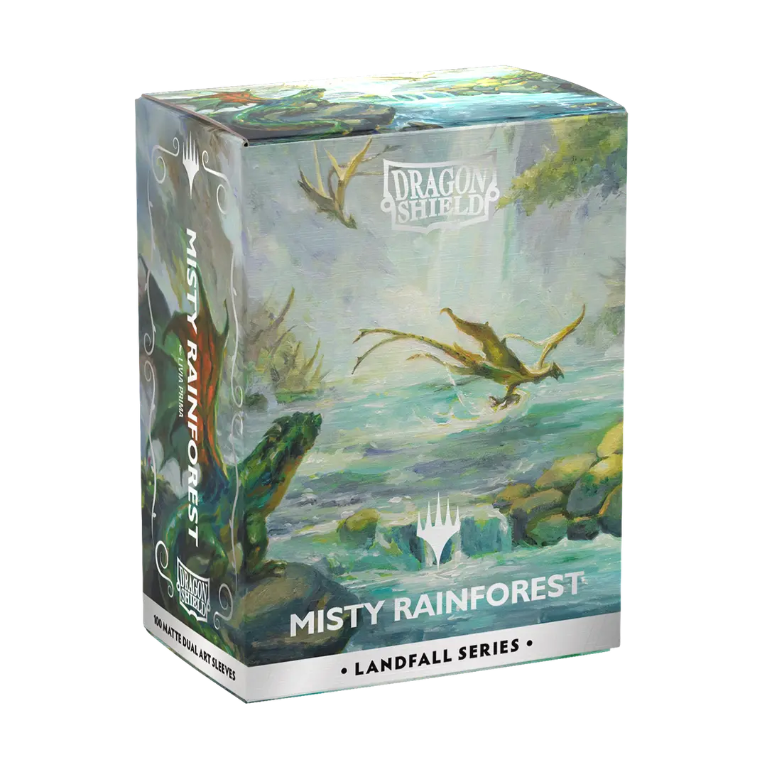 Dragon Shield Misty Rainforest card sleeves box with fantasy rainforest artwork, Landfall Series.