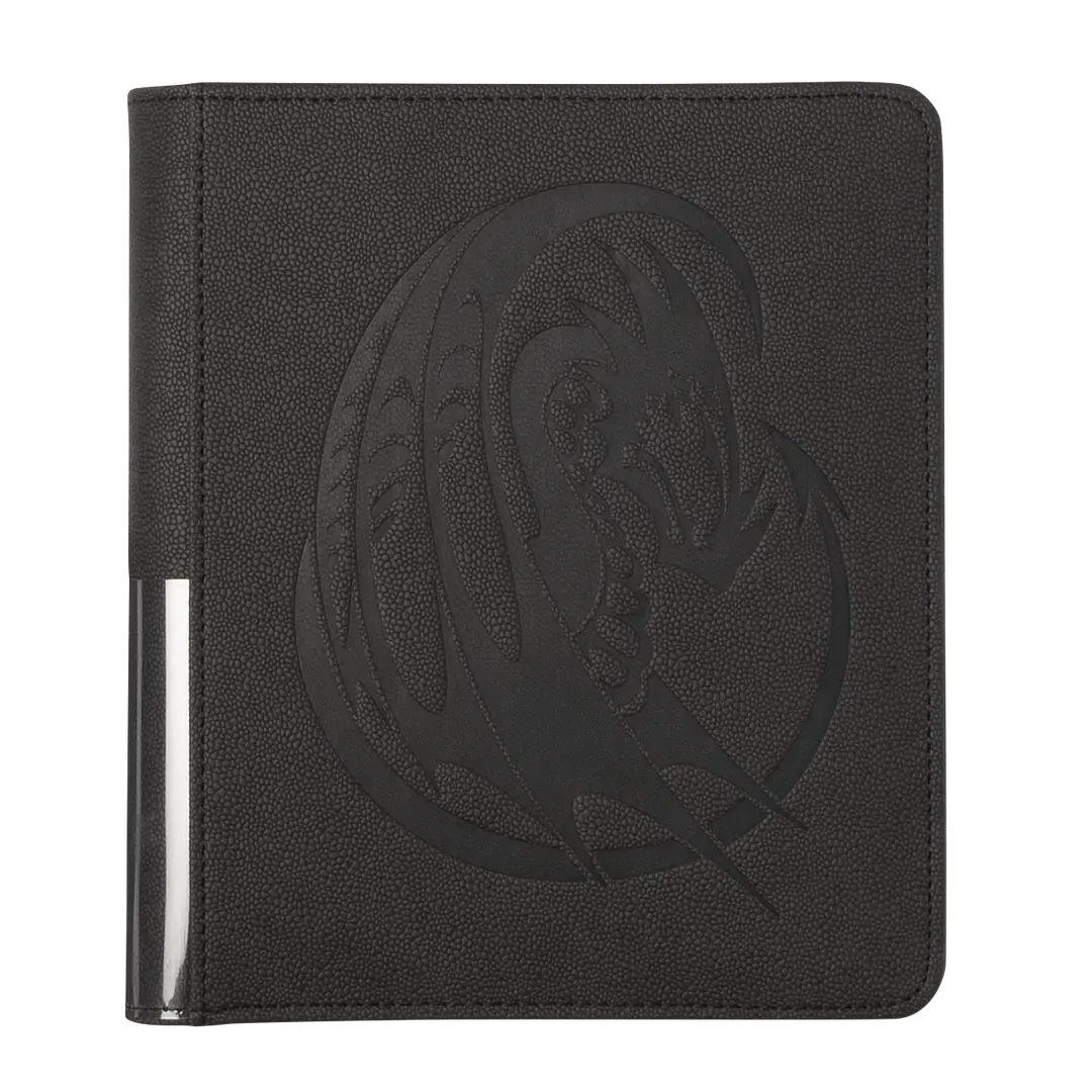 Black trading card binder with embossed dragon design, ideal for collectible card storage.