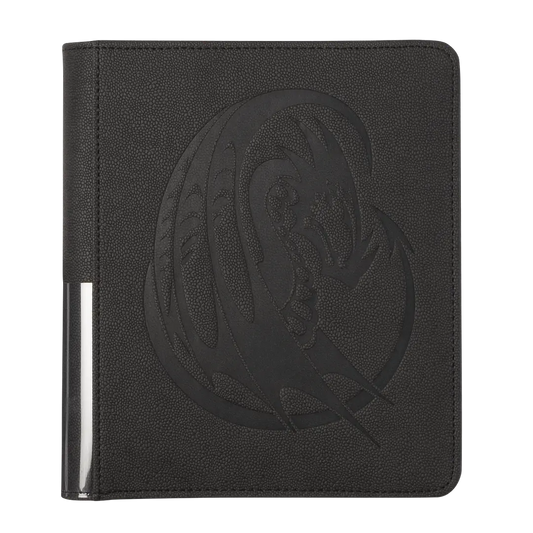 Black trading card binder with embossed dragon design, ideal for collectible card storage.
