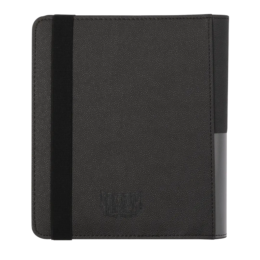 Black trading card binder with textured cover and elastic strap for card game storage