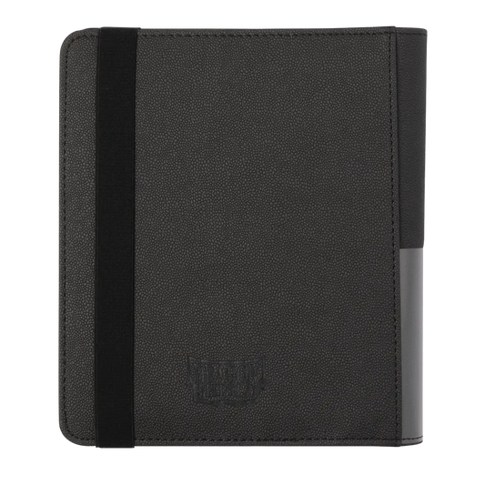 Black trading card binder with textured cover and elastic strap for card game storage