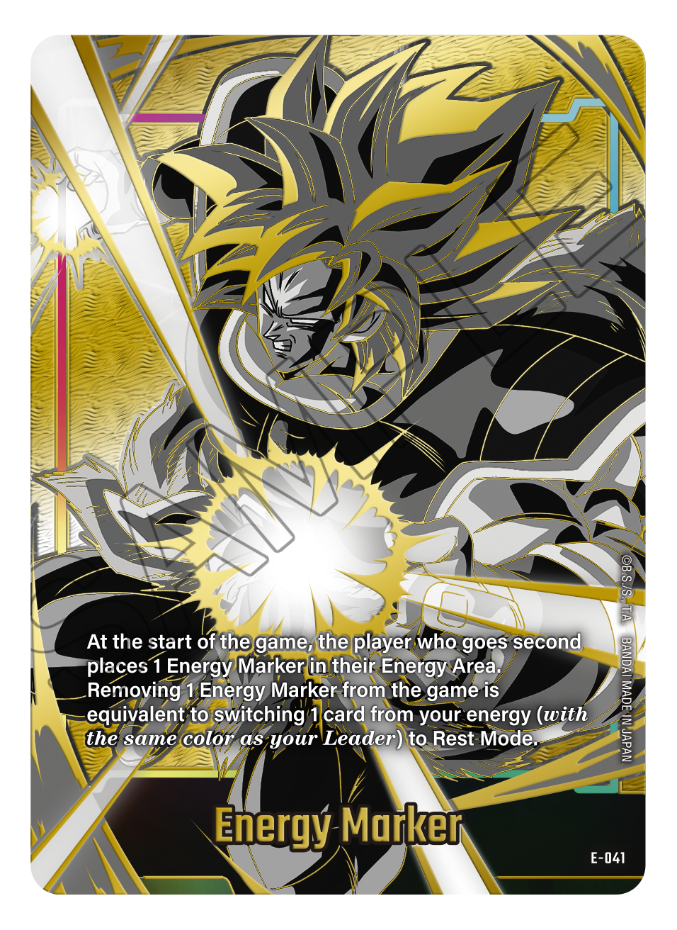 Anime trading card featuring a muscular character with spiky yellow and black hair powering up, labeled Energy Marker, card game accessory.