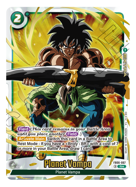Planet Vampa card from Dragon Ball Super card game, featuring muscular anime character with spiky hair holding a weapon, yellow background, green and black color accents.