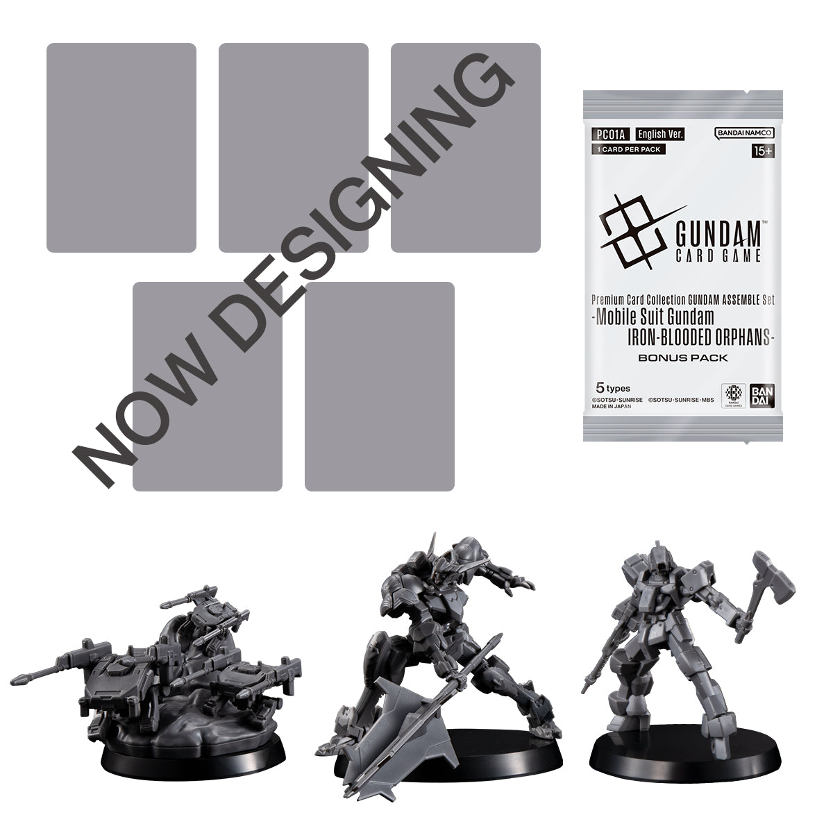 Gundam card game bonus pack with gray Mobile Suit Gundam model kits and placeholder cards.