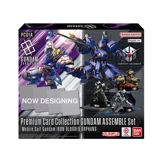 Gundam Card Game Premium Card Collection Gundam Assemble Set box with mobile suit figures and bold artwork.