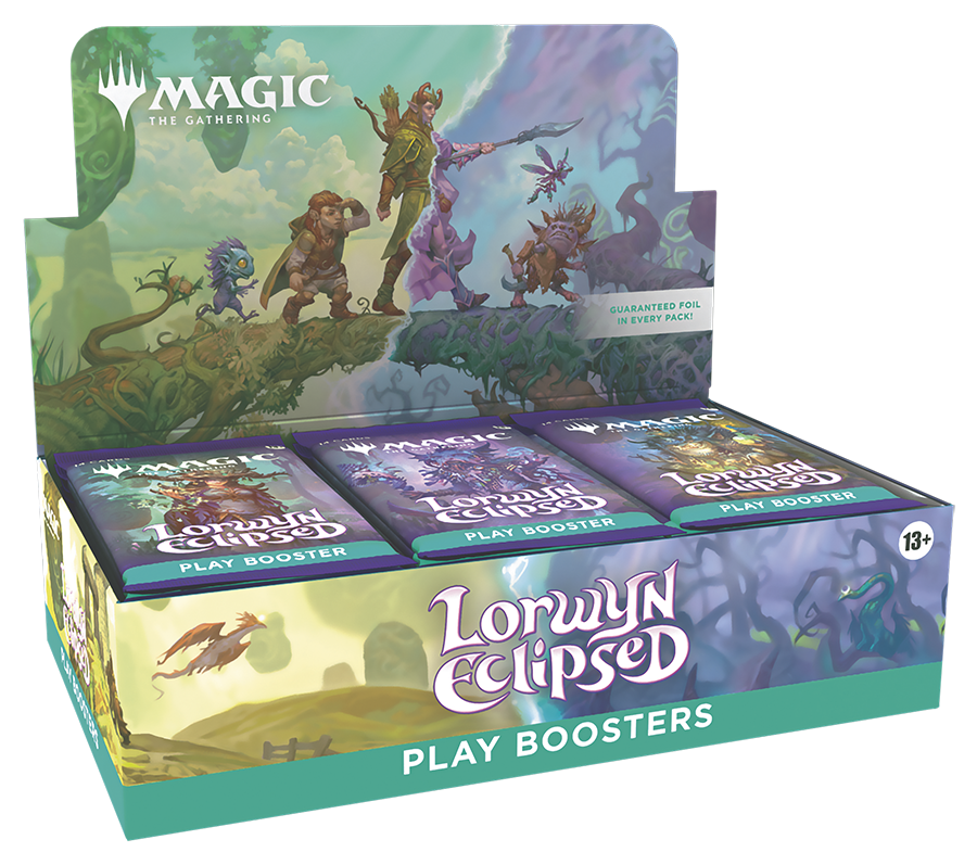 Magic The Gathering Lorwyn Eclipsed Play Boosters display box with fantasy character art