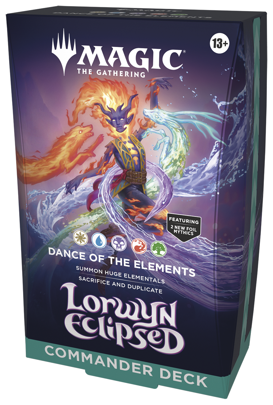 Magic The Gathering Lorwyn Eclipsed Commander Deck box, Dance of the Elements theme, colorful elemental artwork