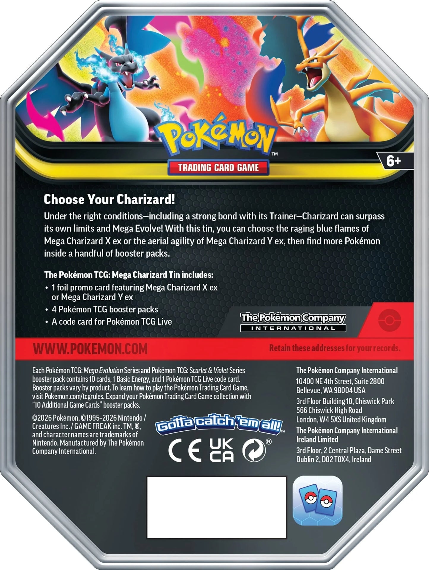 Back of Mega Charizard Pokémon trading card tin featuring Mega Charizard X and Y artwork with product details.