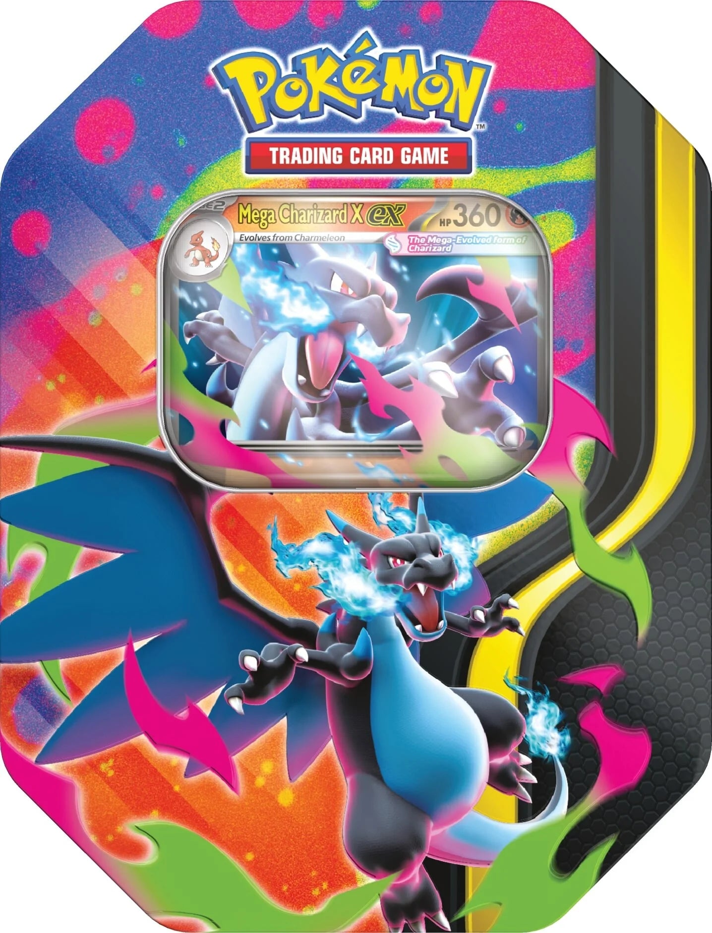 Mega Charizard X EX tin for Pokémon Trading Card Game with colorful design and featured card.