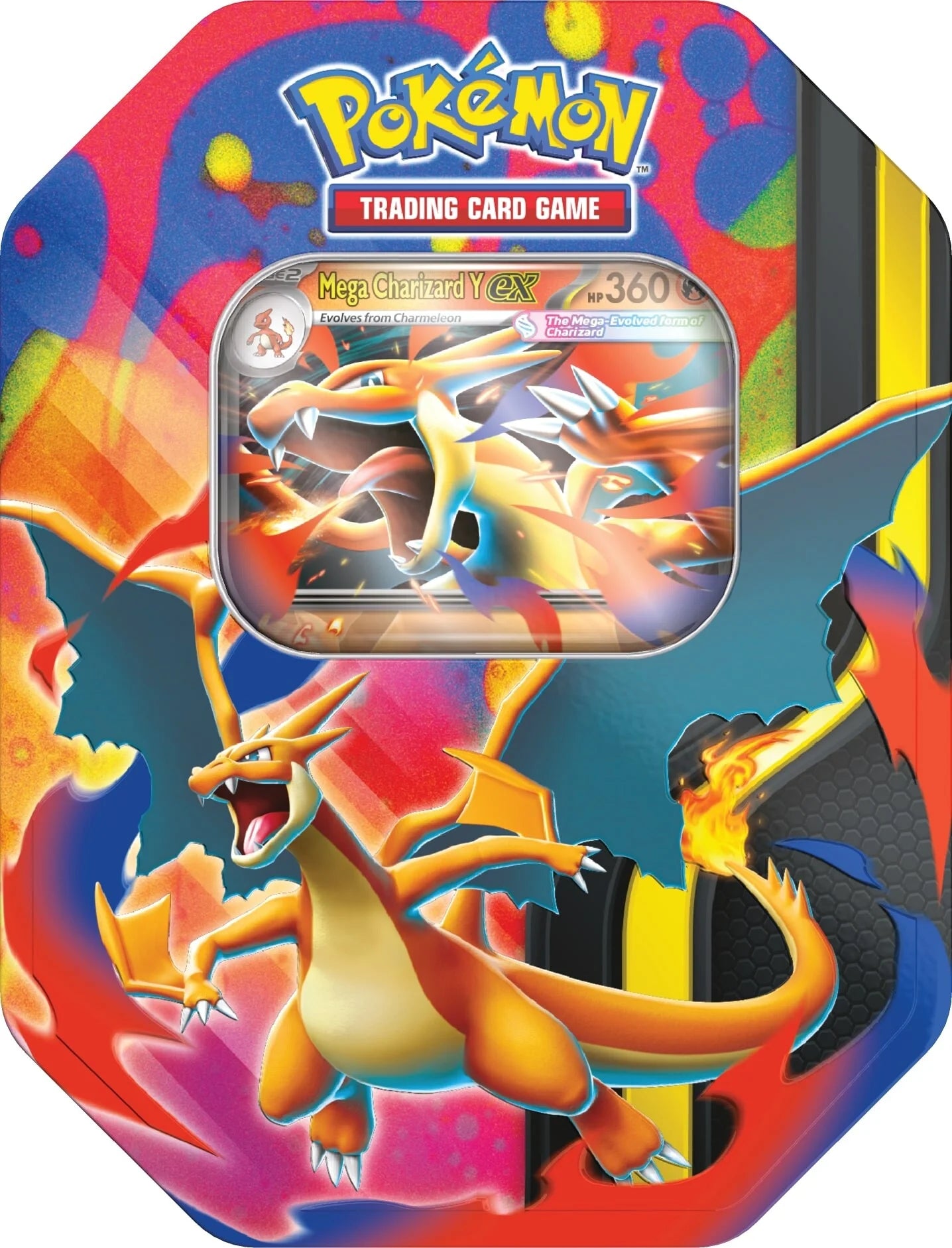 Mega Charizard Y EX Pokémon card tin with vibrant Charizard artwork and trading card visible