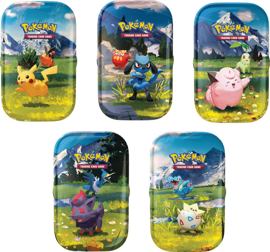 Assorted Pokémon trading card mini tins with Pikachu, Riolu, Clefairy, Zorua, and Togepi artwork