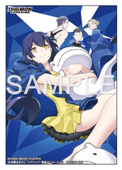 Anime Erika Mishima card sleeve with blue geometric background and Digimon characters