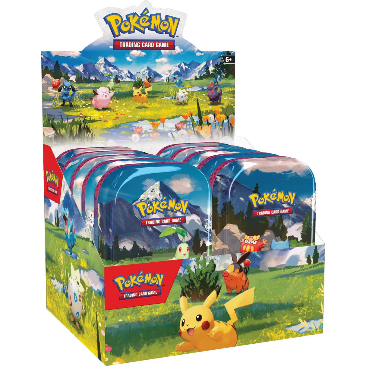 Pokemon Trading Card Game mini tins display box featuring Pikachu and other Pokemon in a scenic landscape.