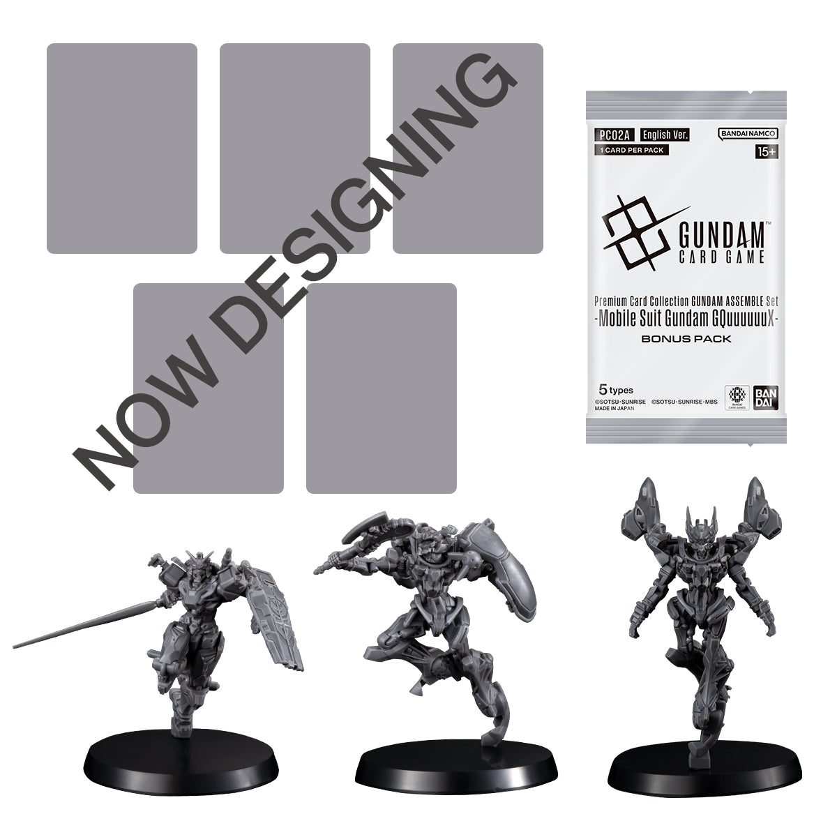 Gundam card game bonus pack with three unpainted Gundam miniatures and placeholder cards.