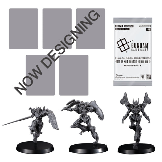 Gundam card game bonus pack with three unpainted Gundam miniatures and placeholder cards.