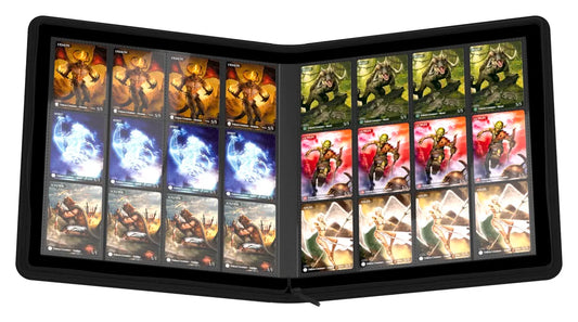 Trading card binder open displaying fantasy game cards featuring demons, beasts, spirits, goblins, angels, and soldiers.