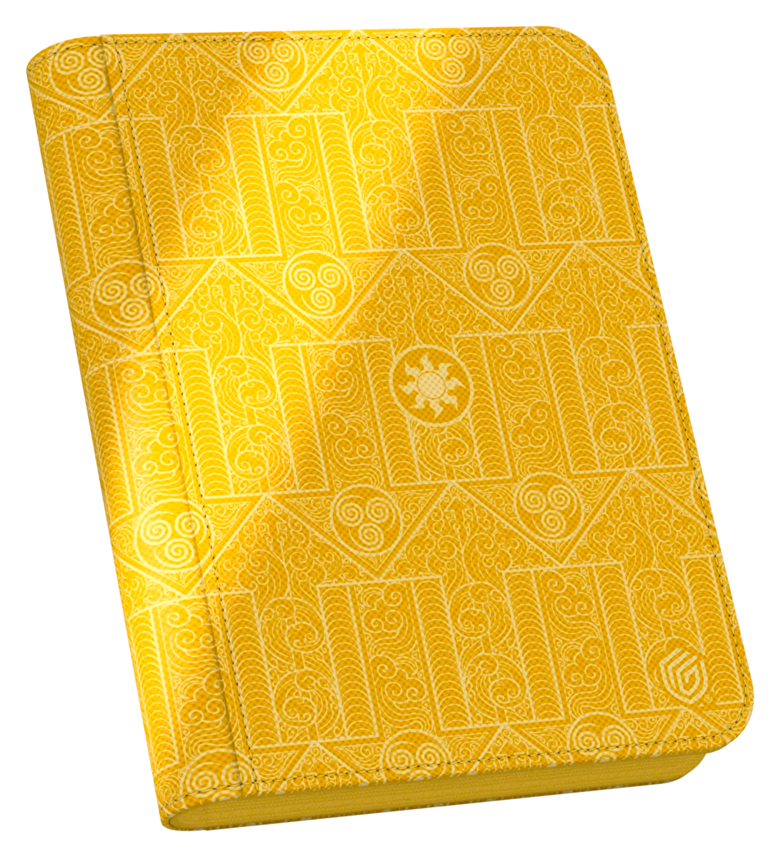 Yellow trading card binder with intricate swirl and wave patterns, perfect for card collection.