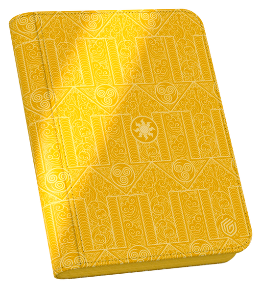 Yellow trading card binder with intricate swirl and wave patterns, perfect for card collection.