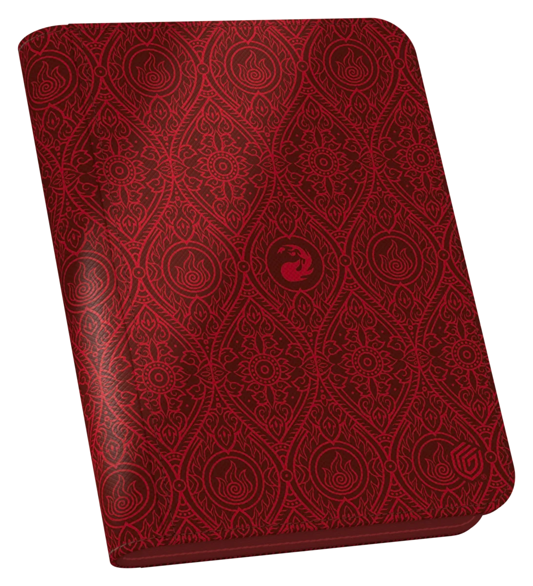 Red card deck box with intricate fire-themed pattern, perfect for trading card games