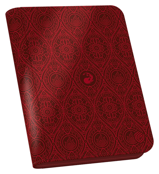Red card deck box with intricate fire-themed pattern, perfect for trading card games