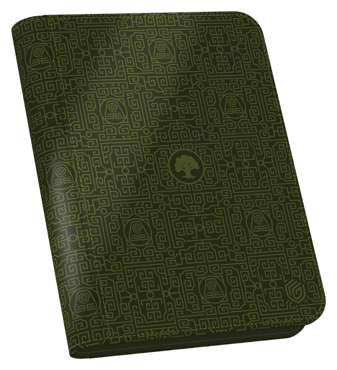 Green card deck box with intricate geometric patterns and tree symbol, for trading card games