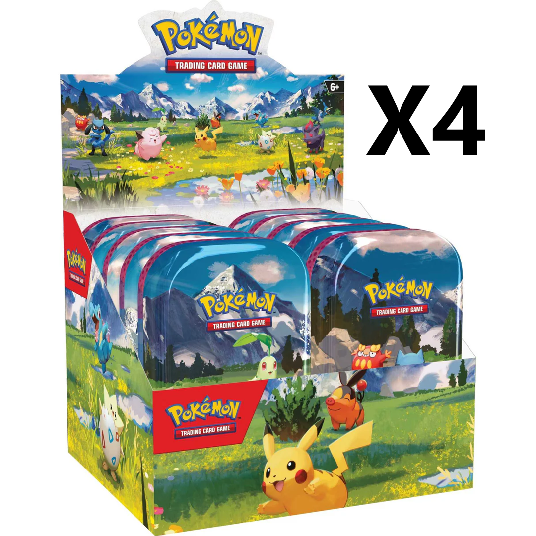 Pokemon trading card game tin set of 4 with Pikachu and other characters in display box