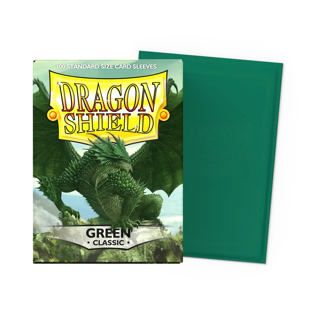 Dragon Shield green classic standard card sleeves pack with dragon artwork, ideal for trading card games.