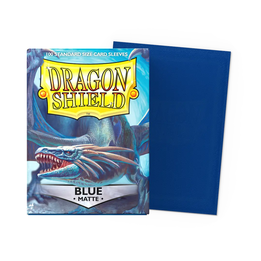 Dragon Shield blue matte card sleeves pack with dragon artwork and single blue sleeve