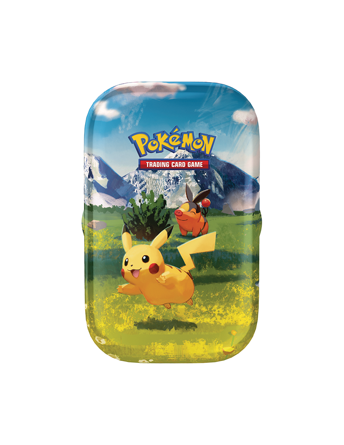 Pokemon Trading Card Game mini tin with Pikachu and Tepig artwork on grassy field background