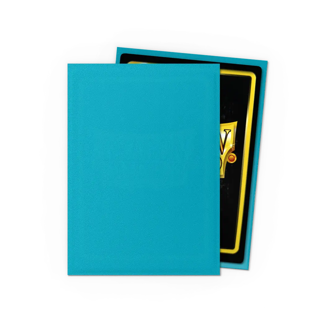 Teal card sleeve protecting trading card on black background