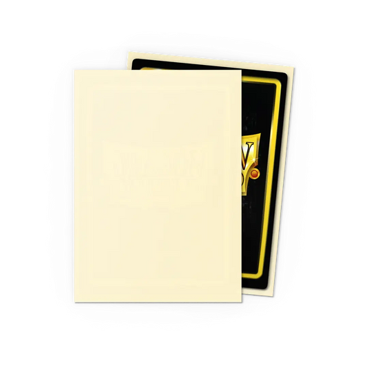 Matte card sleeves with an off-white front partially covering a game card on black background