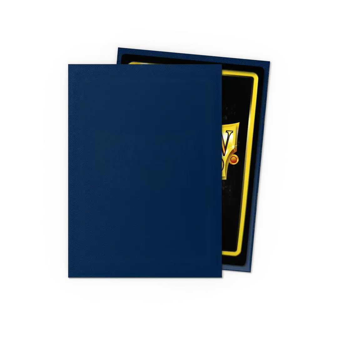 Navy blue card sleeve covering trading card, ideal for TCG deck protection