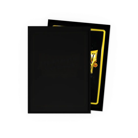 Black trading card sleeve covering a collectible card with yellow border